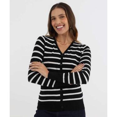 Imagem de Cardigan Feminino Botões Listrado Marisa Preto-49845, Preto e branco, 