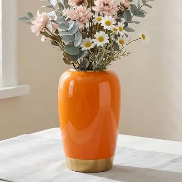Imagem de GDSZJLJ Vaso de cerâmica de 24 cm em laranja, alto e moderno enfeite decorativo para casa, centro de mesa elegante para flores, perfeito para sala de estar, cozinha, escritório e decoração de
