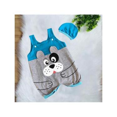 Imagem de Conjunto Macacão Jardineira + Touca  Bebê Menino Estampa de Cachorrinh