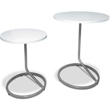 Imagem de Conjunto Jogo 2 Mesas De Canto Lateral Redonda Jasper Com Tampo Em MDF - Prata/Branco