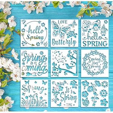 Imagem de 9 peças de estênceis grandes de mola para pintura em madeira, parede, tecido - palavras, flores, grinaldas, pássaros, modelos de gnomos para decoração de casa DIY, placas de madeira de tinta