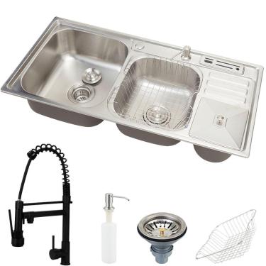 Imagem de Cuba Para Cozinha Pia Dupla Em Aço Inox Com Acessórios Lixeira Nukini E Torneira Gourmet Munim Preta Pingoo.casa