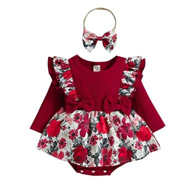 Imagem de Macaquinho infantil para meninas com babados, manga comprida, estampa floral canelada, roupas de balé para recém-nascidos (vinho, 6 a 9 meses)
