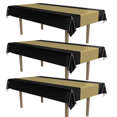 Imagem de Beistle Capas de mesa listradas pretas e douradas, 137 cm x 274 cm, 3 peças – toalha de mesa de plástico, toalha de mesa retangular, capas de mesa para festa, toalha de mesa de formatura, decorações