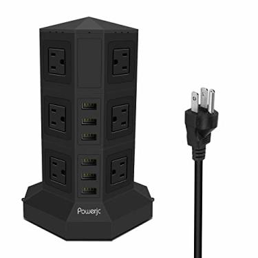 Imagem de Powerjc Tomada protetora de surtos de régua de alimentação Torre 12 tomadas CA Smart 6 portas USB Carregadores 3 metros Cabo de extensão interno preto