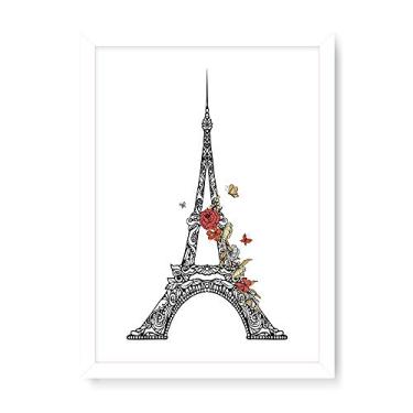 Imagem de Arte Maníacos Quadro Decorativo Torre Eiffel Flores e Borboletas - 23x16,25cm (Moldura caixa em laca branca)