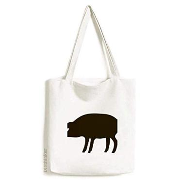 Imagem de Bolsa de lona preta com retrato de animal Porco preto bolsa de compras casual