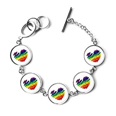 Imagem de DIYthinker Bracelete de coração LGBT Arco-íris com pingente de corrente