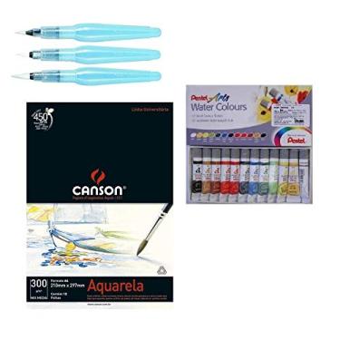 Imagem de Kit Papel Canson Aquarela + Aquarela Pentel tubo 12 cores + Kit pincel Pentel