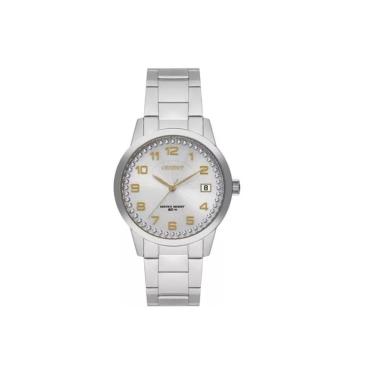 Imagem de Relogio Orient feminino prata dourado numeros aço inox calendario FBSS1192 S2SX