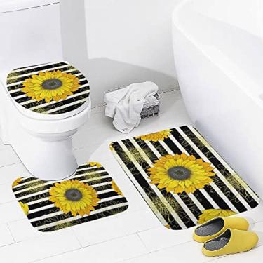 Imagem de Conjunto de tapetes de banheiro 3 peças listras pretas brancas girassóis tapete de banheiro lavável tapete antiderrapante tapete de contorno e tampa para banheiro