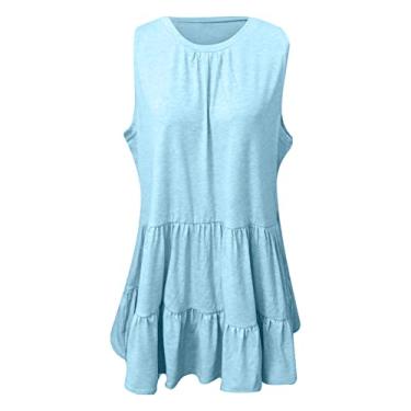 Imagem de Camiseta feminina sem mangas, camisetas regatas sólidas casuais soltas pulôver gola redonda plissada verão, azul, M (busto: 101 cm)