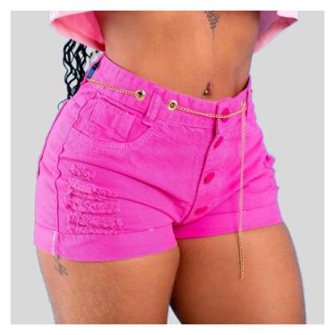 Imagem de Short Jeans Feminino Na Cor Rosa Bermuda Com Cinto De Corrente! - Vk F