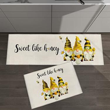 Imagem de Conjunto de 2 tapetes de cozinha doce como mel amarelo gnomo abelha margarida verão para tapetes acolchoados de chão tapetes e tapetes antiderrapantes absorventes corredor confortável tapete de pé