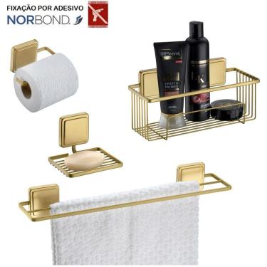 Imagem de Kit Toalheiro Suporte Shampoo Saboneteira Porta Papel Higiênico Banheiro Adesivo Dupla Face Dourado - Future