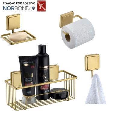 Imagem de Kit Porta Shampoo Saboneteira Suporte Papel Higiênico Gancho Banheiro Adesivo Dupla Face Dourado - Future