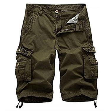 Imagem de WSLCN Shorts Cargo de Algodão Bermuda Masculino com Vários Bolsos Calça Cortada de Verão Verde Cintura 30