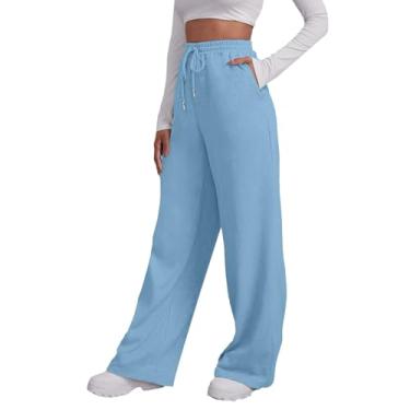 Imagem de Calça de moletom túnica feminina, cintura alta, yoga, esportes, calça feminina com bolso, casual, perna reta, calça de moletom (Azul, GG)