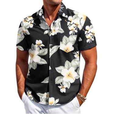 Imagem de COOFANDY Camisa masculina havaiana de manga curta com botão camisa tropical de praia de verão, Flor - preto, XXG