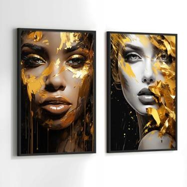 Imagem de Quadros Decorativos com Moldura Salão Beleza Mulheres Dourada Sala Quarto Kit Conjunto 2