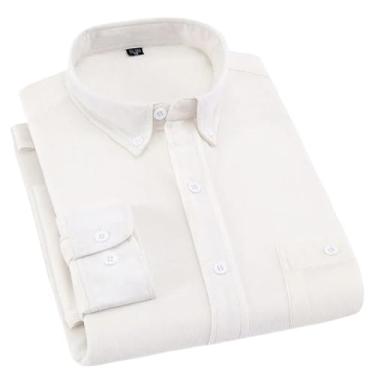 Imagem de WOLONG Camisa masculina de veludo cotelê algodão primavera outono slim fit branco azul preto inteligente camisa casual masculina lisa manga longa, Branco, GG