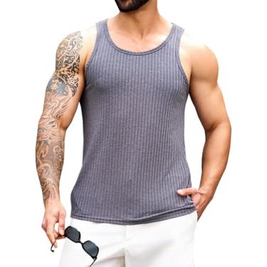 Imagem de Runcati Camiseta regata masculina de malha canelada de algodão sem mangas, verão, praia, treino, muscular, camiseta, Cinza, G
