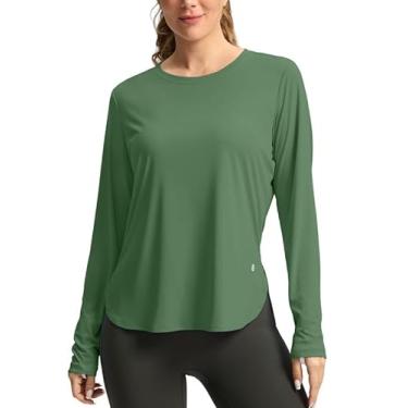Imagem de Camisetas femininas com proteção UV FPS 50+, de manga comprida, leve, secagem rápida, para treinos e caminhadas, O-Army Green, G