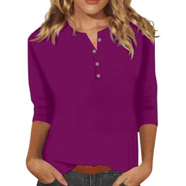 Imagem de Camiseta feminina de verão, estampa floral, abotoada, túnica Henley de três quartos, roupas casuais de férias, Vinho - C, XXG
