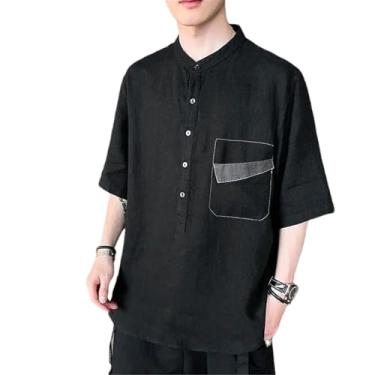 Imagem de Camisa de verão de manga curta fina, simples e respirável masculina japonesa com bolso, camiseta casual de verão de manga curta, Bolso preto, M