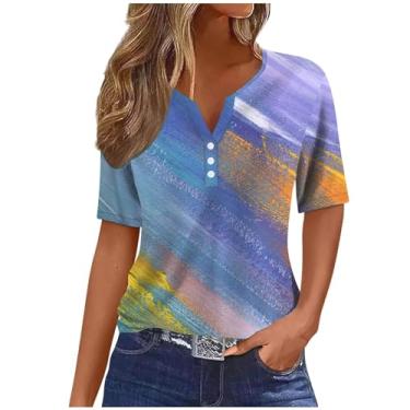 Imagem de Camisetas femininas de manga curta outono verão gola V gradiente ajuste solto tie dye longo camiseta feminina 2024, H-370 multicolorido, XG