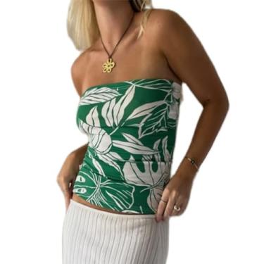 Imagem de Blusa feminina Y2k com estampa de flores/folhas, gola canoa, sem alças, top cropped bandeau, Verde, M