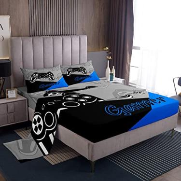 Imagem de Feelyou Jogo de cama infantil gamer jogo de cama para meninos e meninas, jogo de cama com controle de videogame, 4 peças, inclui 1 lençol e 1 lençol de cima com 2 fronhas, azul e preto (completo)