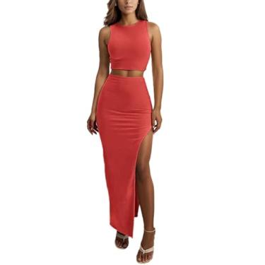 Imagem de ELLEVEN Conjunto de 2 peças de saia maxi sexy para mulheres – regata cropped de malha colado ao corpo e vestido de saia com fenda alta, roupas de verão, Vermelho, Small