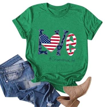 Imagem de Camisetas femininas com bandeira americana, manga curta, estampa Love Grandma Life, Dia da Independência, patriótico, casual, caimento solto, Verde, M