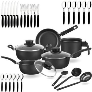Imagem de Jogo de Panelas Antiaderente Elegan 33 Peças C/Talheres Tampa de Vidro Alumínio Conjunto Facas Colheres Completo - Dona Chefa