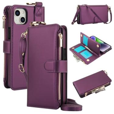 Imagem de Capa carteira para iPhone 13 mini [bloqueio RFID] [bolso com zíper] [porta-cartão] capa protetora flip de couro PU com corda transversal/pulso/anel capa de telefone masculina e feminina (roxo escuro)