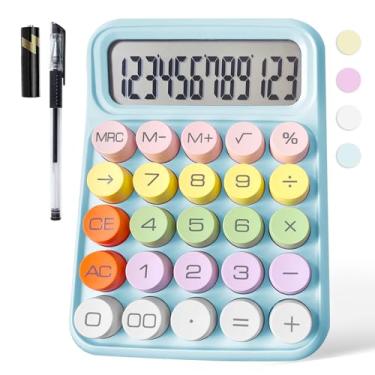 Imagem de Calculadora mecânica, calculadora rosa fofa com visor LCD grande de 12 dígitos, grande calculadora de botão redondo para usar como calculadoras de escritório, tela de inclinação de 15° para crianças,