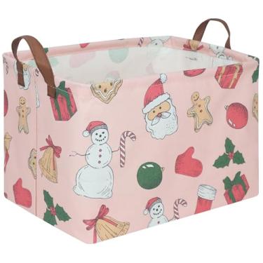 Imagem de FXOCSHE Cesta retangular para árvore de Natal, rosa para berçário, cesta de árvore de Natal impermeável e dobrável, organizador de brinquedos, decoração de ano novo para meninos e meninas (Natal rosa)