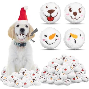 Imagem de 60 peças de brinquedos de Natal para cães com bolas de pelúcia, brinquedo macio de bola de neve com sorriso de cachorro e boneco de neve, bola fofa para cães pequenos e médios interativos, decorações