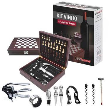 Imagem de Kit Abridor De Vinho 9 Peças Saca Rolhas Com Jogo De Xadrez 87015KIT -