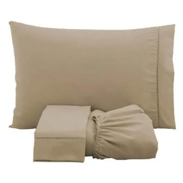 Imagem de Jogo de lençol casal king com detalhe em ponto palito  barato avelã - 