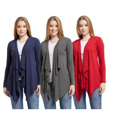 Imagem de Kit 03 cardigans feminino kimono com bico manga longa - Wooks, P, Azul