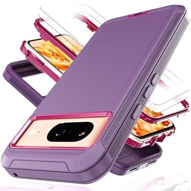 Imagem de KaiMai Capa para Pixel 8 com filme à prova de explosão [2 unidades], 3 em 1 à prova de choque TPU rígido PC bumper capa à prova de quedas para Google Pixel 8 roxo/vermelho