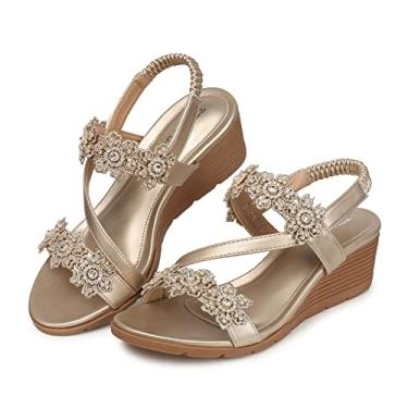 Imagem de TEMOFON Sandálias femininas estilosas: tira elástica no tornozelo com bico aberto no verão - Sandálias de flores boêmias confortáveis - Sandália de plataforma baixa, 1805-champanhe, 41