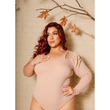 Imagem de Body Plus Size Um Ombro Manga Longa Princesa, Bege, M