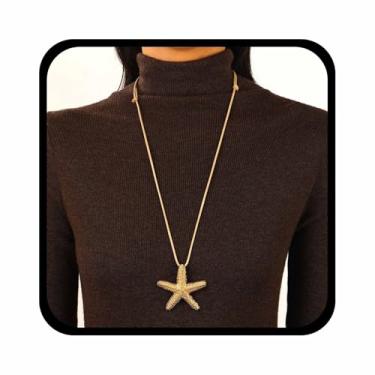 Imagem de Allereyae Boho Colar longo com pingente de estrela do mar, estrela do mar, corrente de estrela-do-mar, corrente de estrela-do-mar, colar de corda de cera marrom, joia feminina, Zinco, Sem Pedra