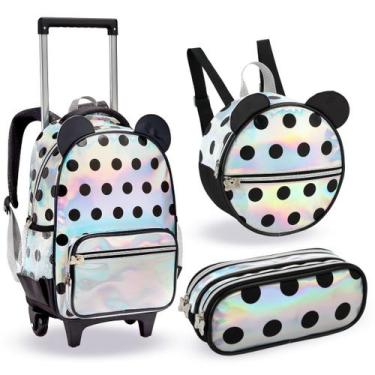Imagem de Kit Mochila Rodinhas Lancheira Estojo Bolinha Orelhinhas Prata Hologra