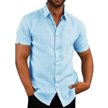 Imagem de Camisa Masculina Plus Size de Linho e Algodão - Manga Curta, Gola Vira