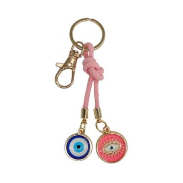 Imagem de Ebsem Chaveiro olho turco com alça, amuleto protetor com pingentes duplos e acabamento dourado - pingente da sorte para bolsa, bolsa ou chaves, Rosa bebê, P