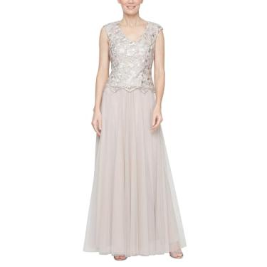 Imagem de Alex Evenings Vestido feminino longo com decote em V bordado para mãe da noiva com mangas cavadas, saia completa (tamanho pequeno e regular), Cinzento-acastan, 40